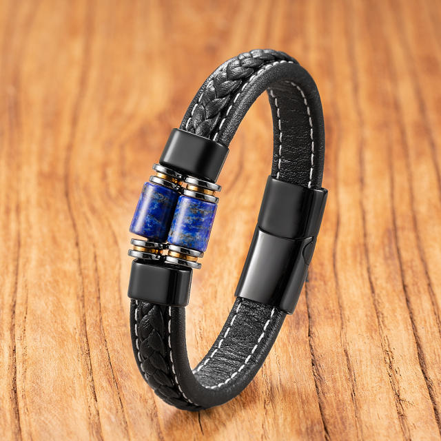 Exclusive Geometric Stone Bracelet for Men Stainless Steel Magnetic Buckle Braided Leather Rope Bracelet Jewelry