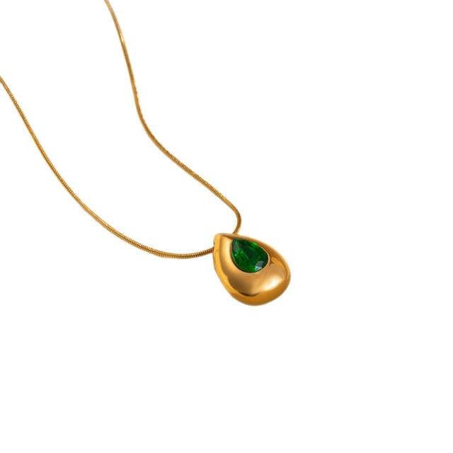 Coloful crystal inlaid drop pendant stainless steel necklace