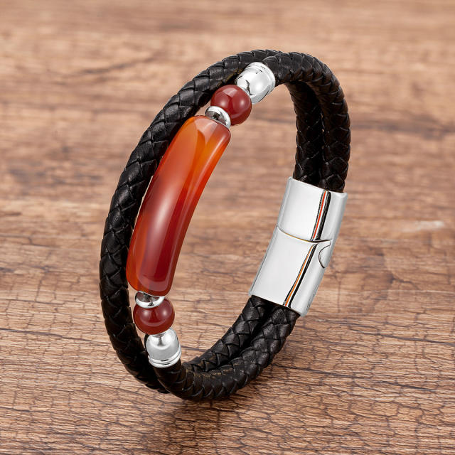 Vintage stainless steel magnet buckle leather double woven bracelet fashion Men's stone bracelet jewelry