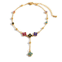 Stainless Steel Anklet with Inlaid Colored Diamonds Four-Leaf Clover anklet