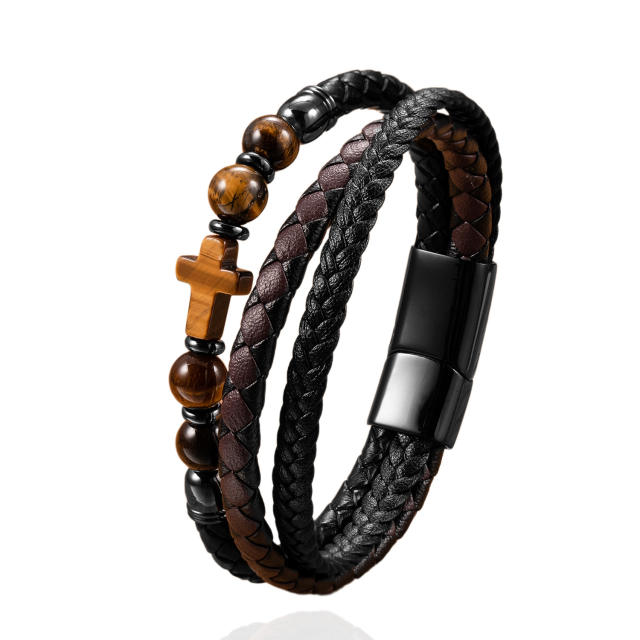 Hot-Selling Punk Style Men's Bracelet Personalized Multi-Layer Braided Leather Bracelet Men's Stone Bracelet