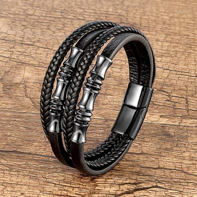 Vintage woven leather bracelet men's stainless steel magnet buckle bracelet