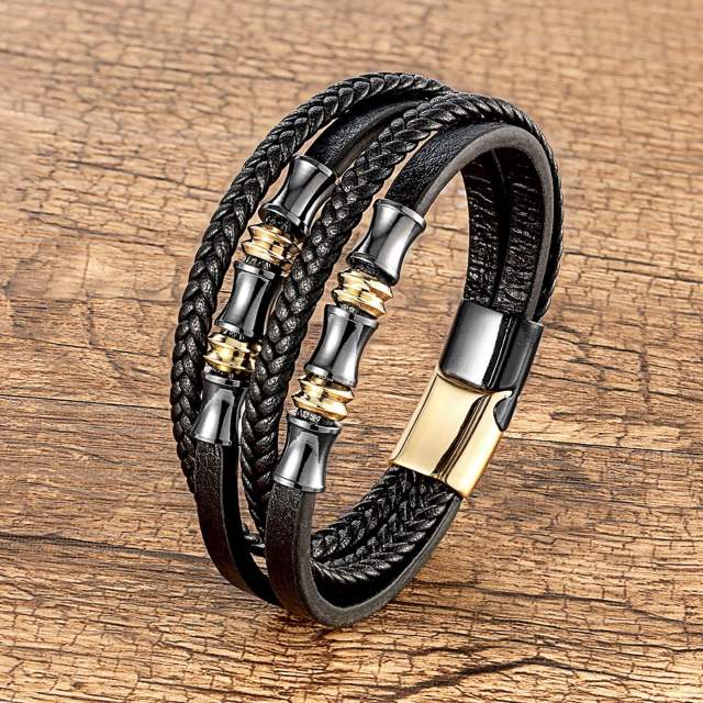 Vintage woven leather bracelet men's stainless steel magnet buckle bracelet