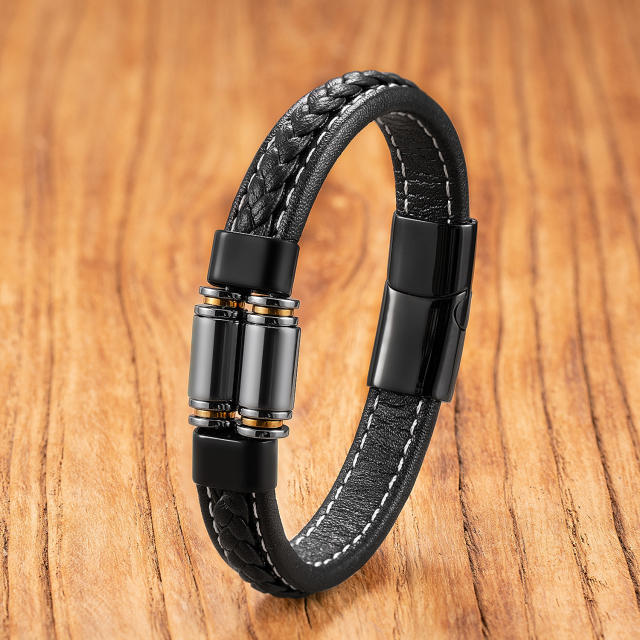 Exclusive Geometric Stone Bracelet for Men Stainless Steel Magnetic Buckle Braided Leather Rope Bracelet Jewelry