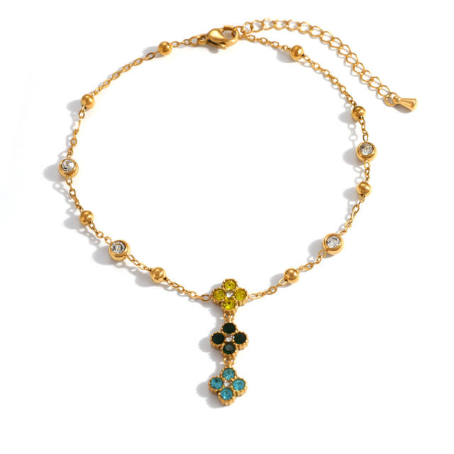 Stainless Steel Anklet with Diamonds Four-Leaf Clover