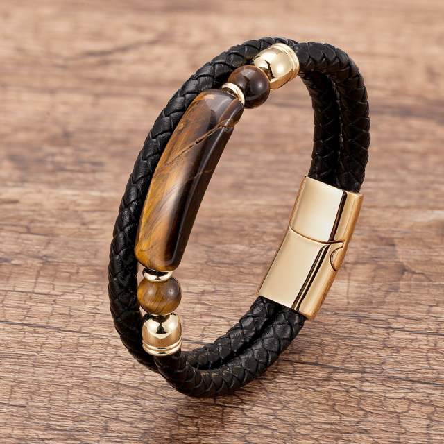 Vintage stainless steel magnet buckle leather double woven bracelet fashion Men's stone bracelet jewelry