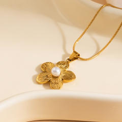 Sweet pearl flower pendant stainless steel necklace