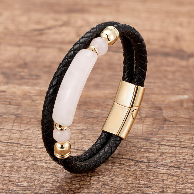 Vintage stainless steel magnet buckle leather double woven bracelet fashion Men's stone bracelet jewelry