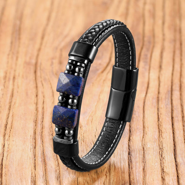 Geometric stone bracelet with stainless steel magnetic clasp and woven leather cord