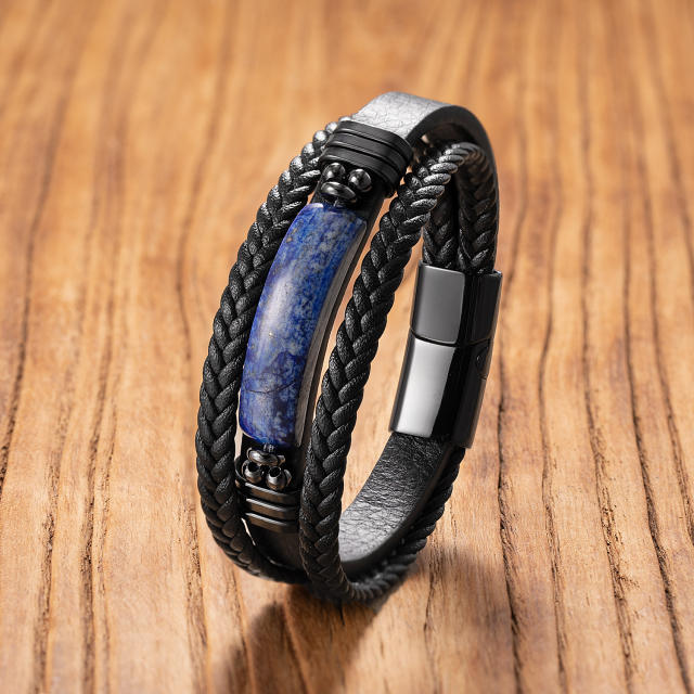 Hot Selling Geometric Tiger Eye Stone Bracelet for Men Multi-Layer Leather Rope Bracelet Stone Bracelet Magnet Buckle Bracelet