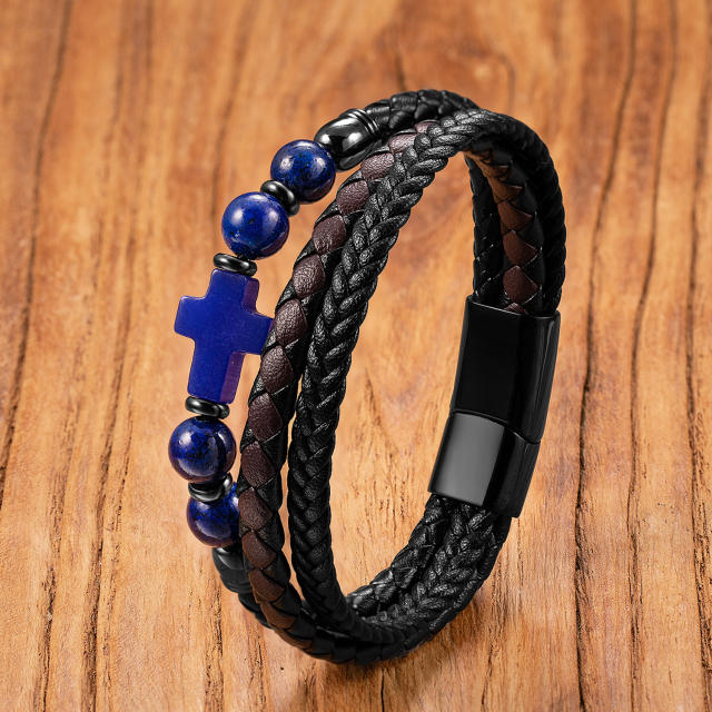 Hot-Selling Punk Style Men's Bracelet Personalized Multi-Layer Braided Leather Bracelet Men's Stone Bracelet