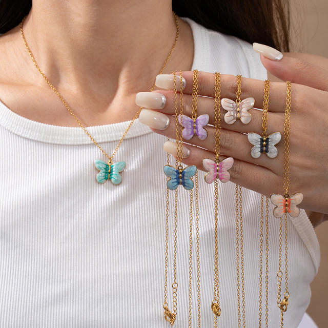 Color enamel butterfly pendant stainless steel necklace