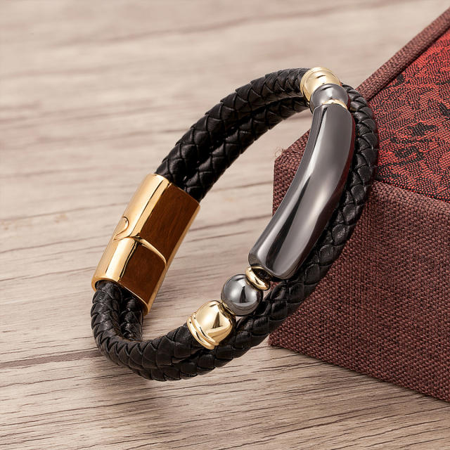 Vintage stainless steel magnet buckle leather double woven bracelet fashion Men's stone bracelet jewelry