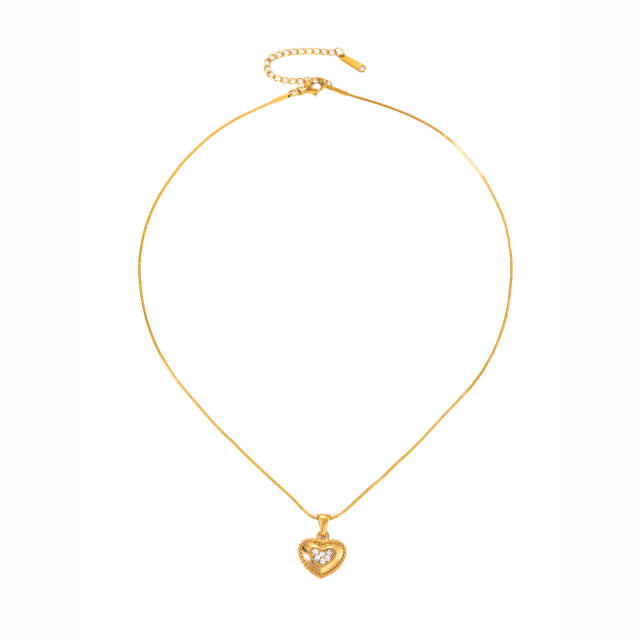 Delicate rhinestone heart pendant stainless steel necklace