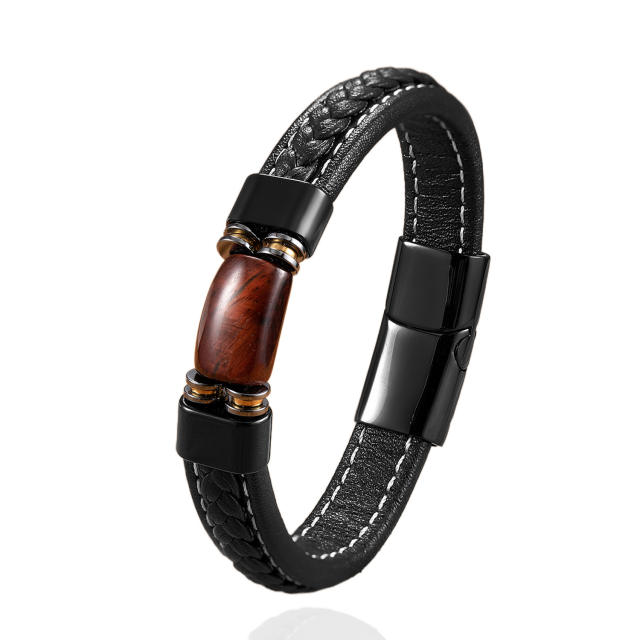 Natural stone handmade woven leather rope stainless steel Magnetic buckle bracelet for men