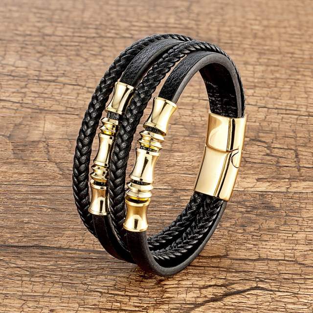 Vintage woven leather bracelet men's stainless steel magnet buckle bracelet
