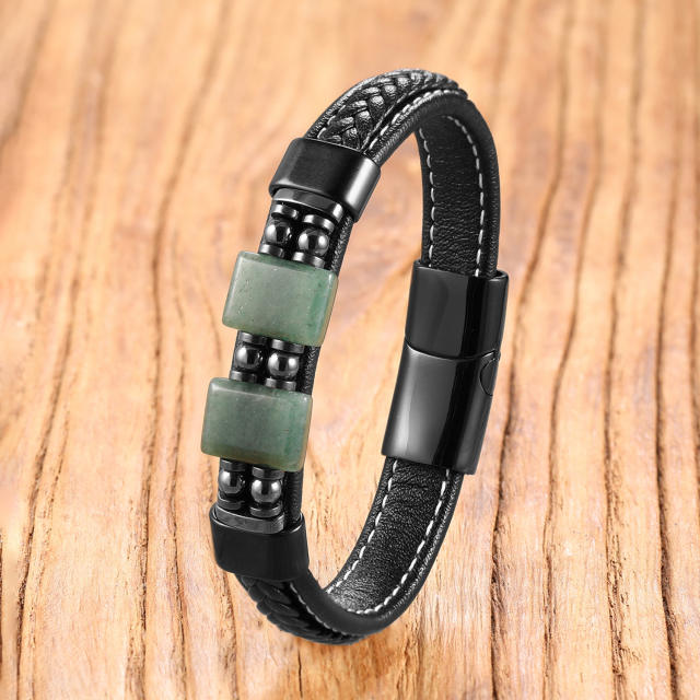 Geometric stone bracelet with stainless steel magnetic clasp and woven leather cord
