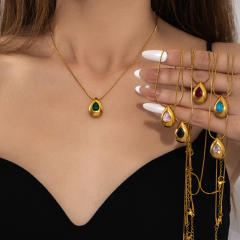 Coloful crystal inlaid drop pendant stainless steel necklace