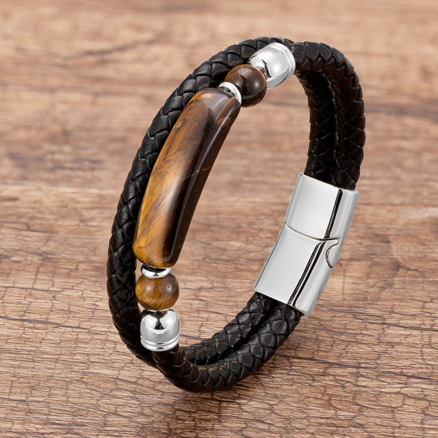 Vintage stainless steel magnet buckle leather double woven bracelet fashion Men's stone bracelet jewelry