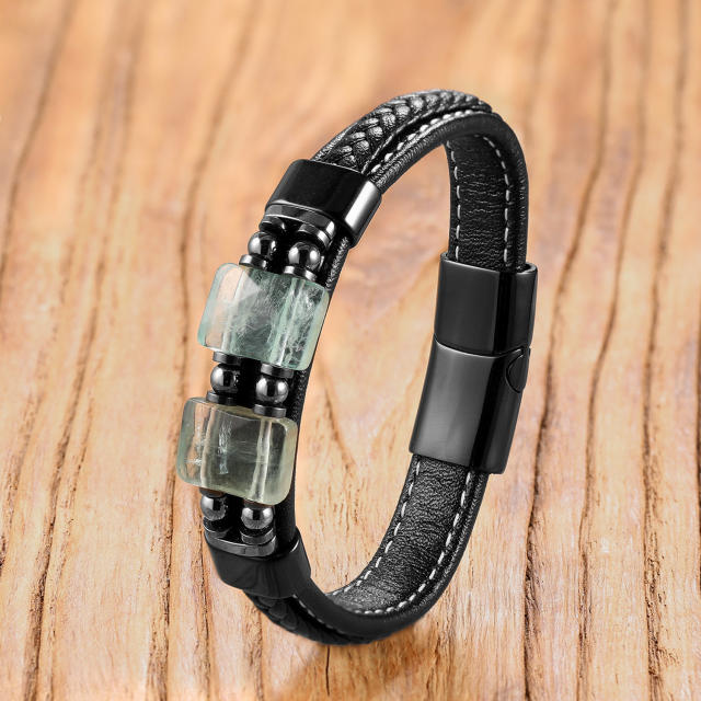 Geometric stone bracelet with stainless steel magnetic clasp and woven leather cord