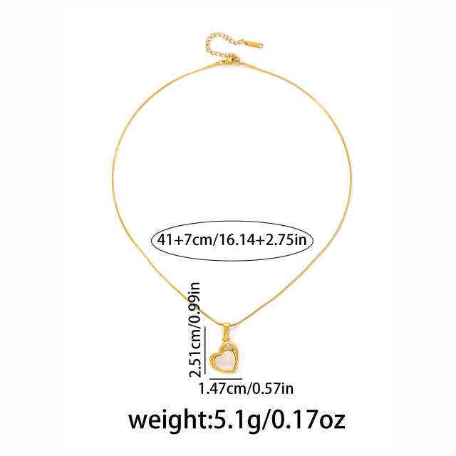 Easy match white shell inlaid heart padlock pendant stainless steel necklace