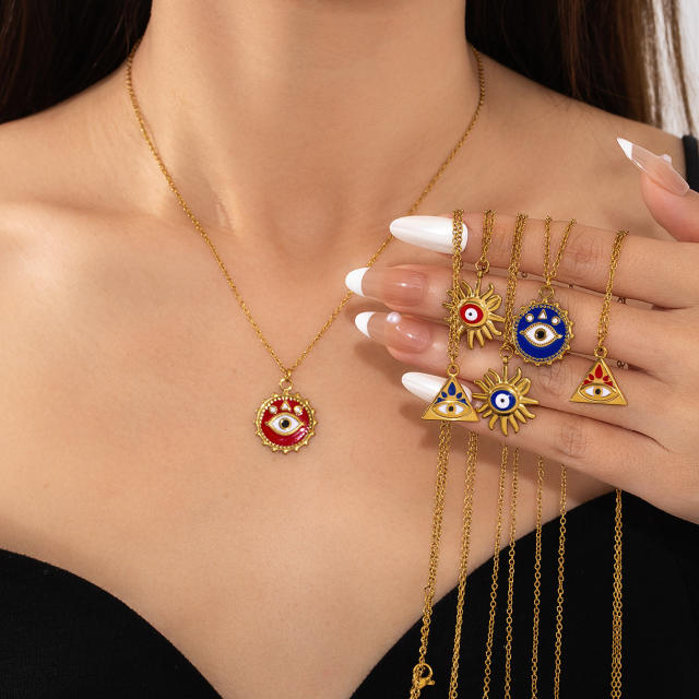 Summer holiday enamel evil eye pendant stainless steel necklace