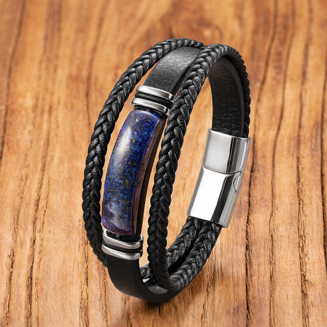 Hot-Selling Stone Bracelet Men's Multi-Layer Hand-Woven Leather Rope Bracelet Magnetic Buckle Bracelet Personalized Jewelry