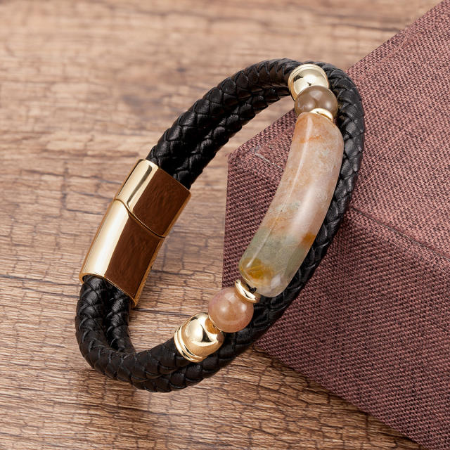 Vintage stainless steel magnet buckle leather double woven bracelet fashion Men's stone bracelet jewelry