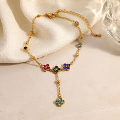 Stainless Steel Anklet with Inlaid Colored Diamonds Four-Leaf Clover anklet