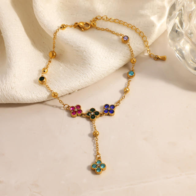 Stainless Steel Anklet with Inlaid Colored Diamonds Four-Leaf Clover anklet