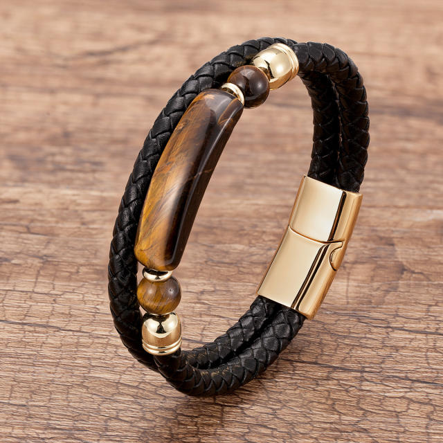 Vintage stainless steel magnet buckle leather double woven bracelet fashion Men's stone bracelet jewelry