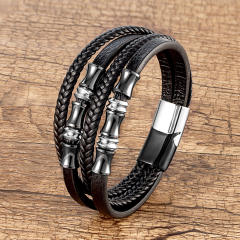 Vintage woven leather bracelet men's stainless steel magnet buckle bracelet