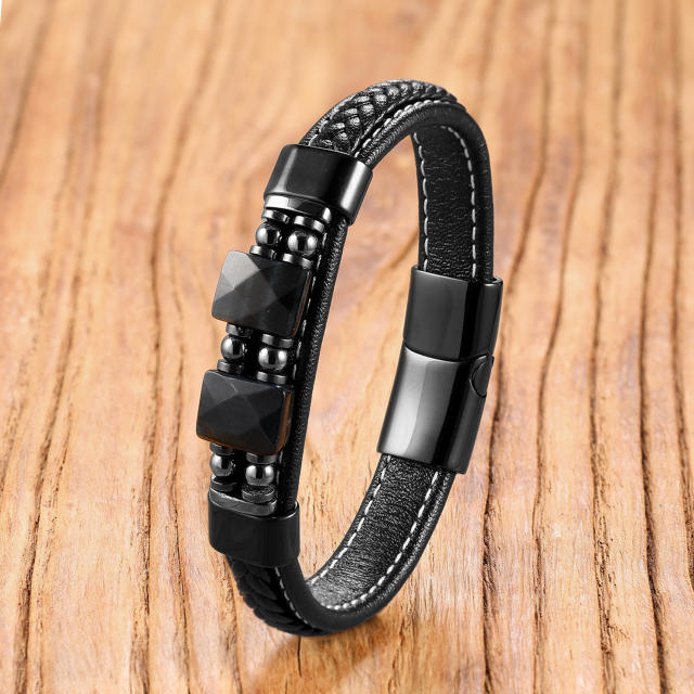 Geometric stone bracelet with stainless steel magnetic clasp and woven leather cord