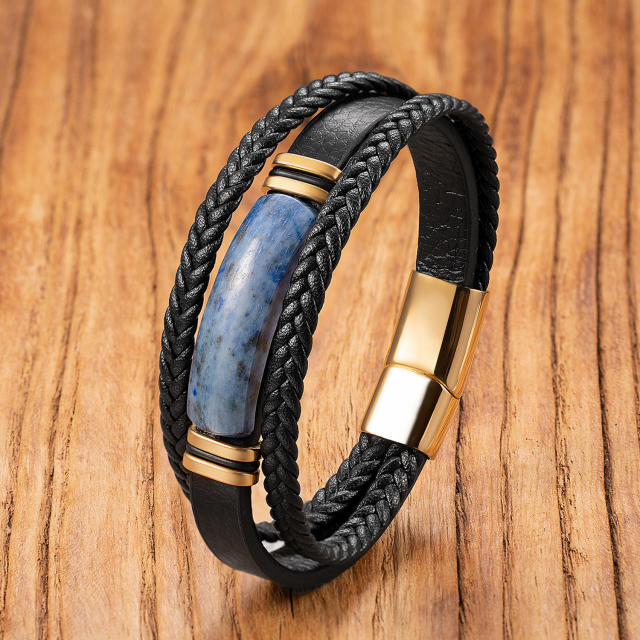 Hot-Selling Stone Bracelet Men's Multi-Layer Hand-Woven Leather Rope Bracelet Magnetic Buckle Bracelet Personalized Jewelry