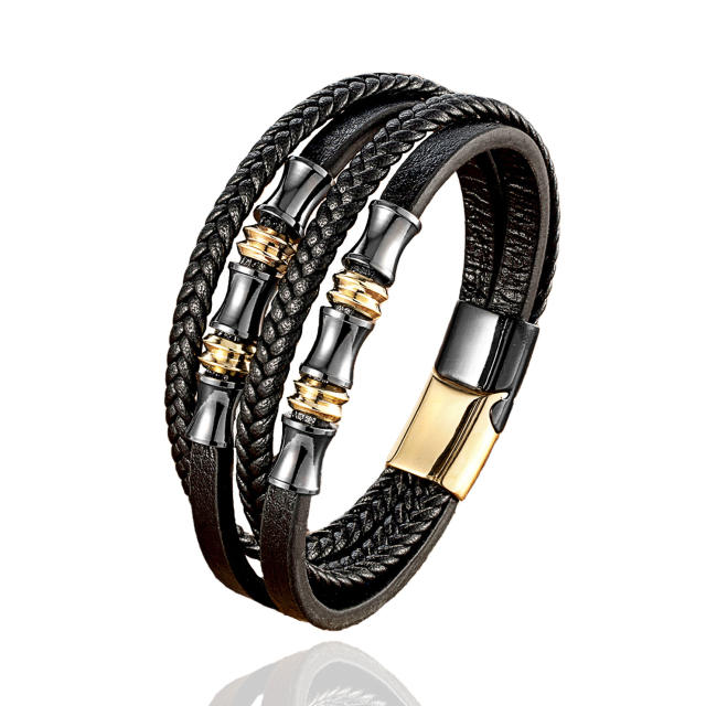 Vintage woven leather bracelet men's stainless steel magnet buckle bracelet