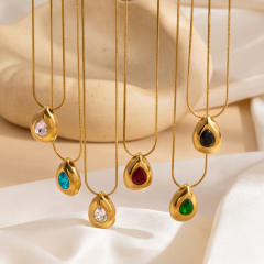 Coloful crystal inlaid drop pendant stainless steel necklace