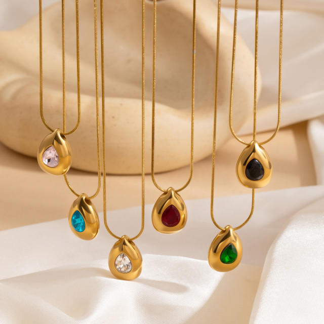 Coloful crystal inlaid drop pendant stainless steel necklace