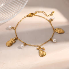 Sweet gold color fruit charm pearl charm stainless steel bracelet