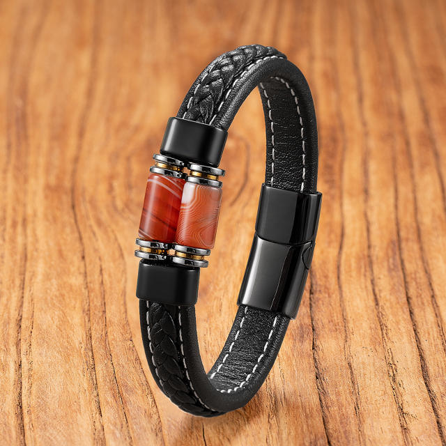 Exclusive Geometric Stone Bracelet for Men Stainless Steel Magnetic Buckle Braided Leather Rope Bracelet Jewelry