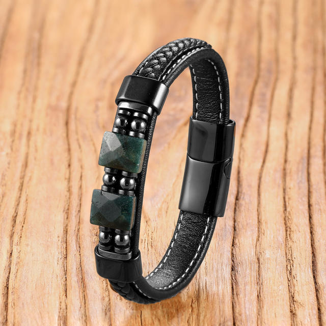Geometric stone bracelet with stainless steel magnetic clasp and woven leather cord