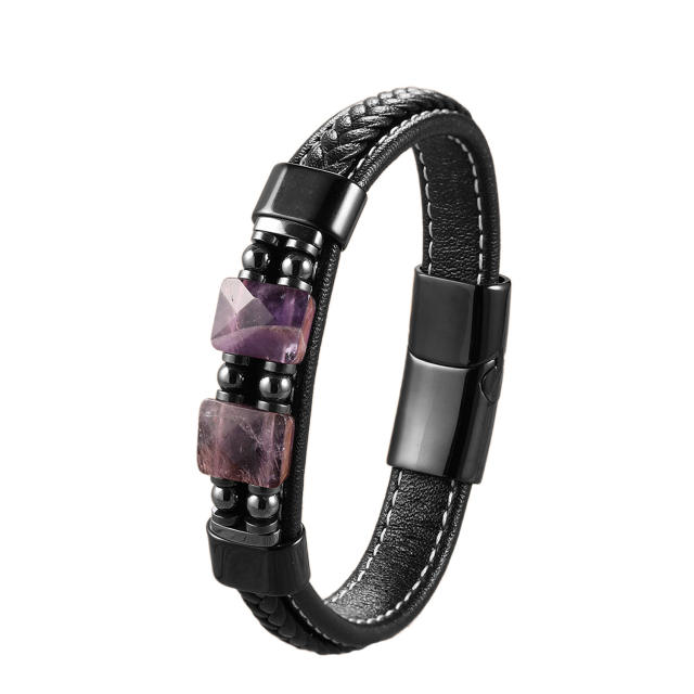 Geometric stone bracelet with stainless steel magnetic clasp and woven leather cord