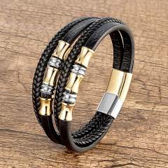 Vintage woven leather bracelet men's stainless steel magnet buckle bracelet