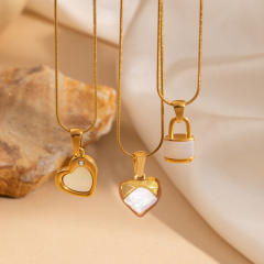 Easy match white shell inlaid heart padlock pendant stainless steel necklace