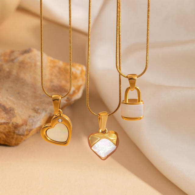 Easy match white shell inlaid heart padlock pendant stainless steel necklace