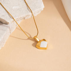 Easy match white shell inlaid heart padlock pendant stainless steel necklace