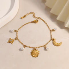 Elegant sun moon pearl charm stainless steel bracelet