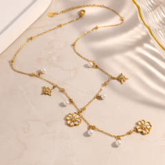 Stainless Steel Necklace for Women Non-Fading Eight-Pointed Star Flower Pearl necklace