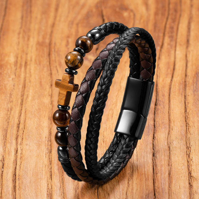 Hot-Selling Punk Style Men's Bracelet Personalized Multi-Layer Braided Leather Bracelet Men's Stone Bracelet