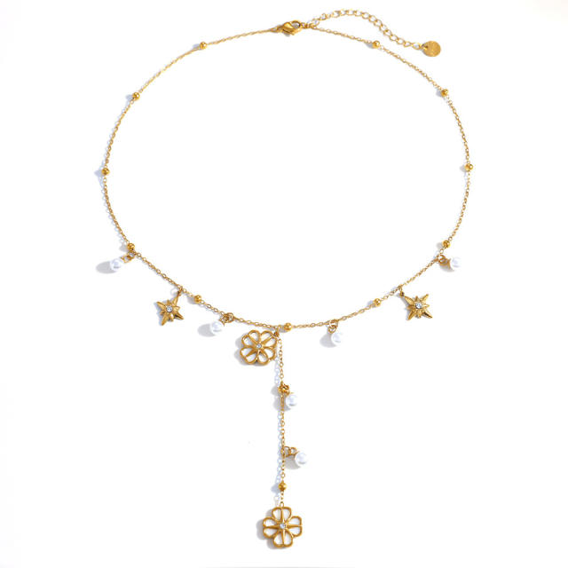 Stainless Steel Necklace for Women Non-Fading Eight-Pointed Star Flower Pearl necklace