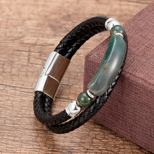 Vintage stainless steel magnet buckle leather double woven bracelet fashion Men's stone bracelet jewelry